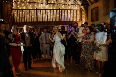 Owlpen barn wedding party